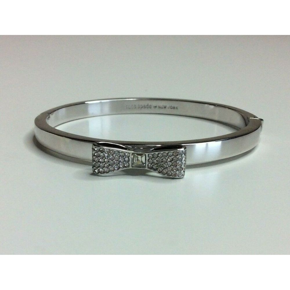 Kate Spade Silver Bangle Bracelet Pave Bow Hinged - Picture 4 of 6